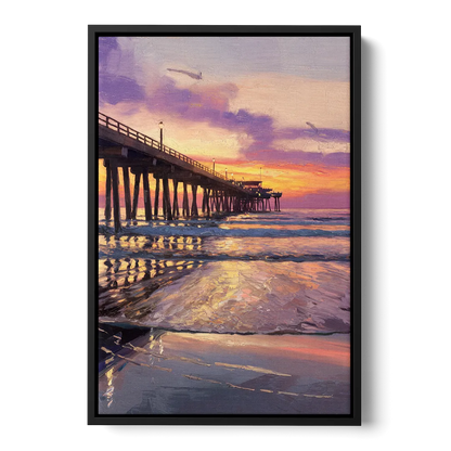 Long Beach Pier at Sunset Front - Black Canvas Wall Art