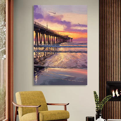 Long Beach Pier at Sunset Sitting Room - Canvas Wall Art