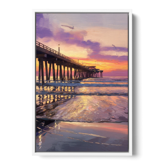Long Beach Pier at Sunset - White Framed Canvas Wall Art - Front