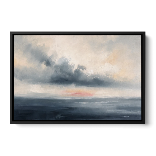 Long Horizontal Cloud Bank Over a Calm Sea - Black Framed Canvas Wall Art - Front