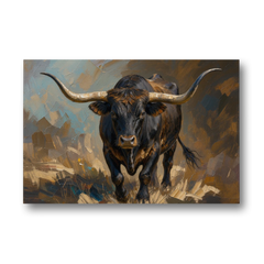 Longhorn Painting of a Black Steer Striding Forward - Canvas Wall Art - Front
