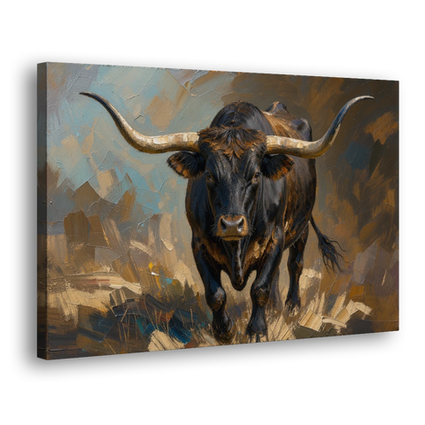 Longhorn Painting of a Black Steer Striding Forward - Canvas Wall Art - Side
