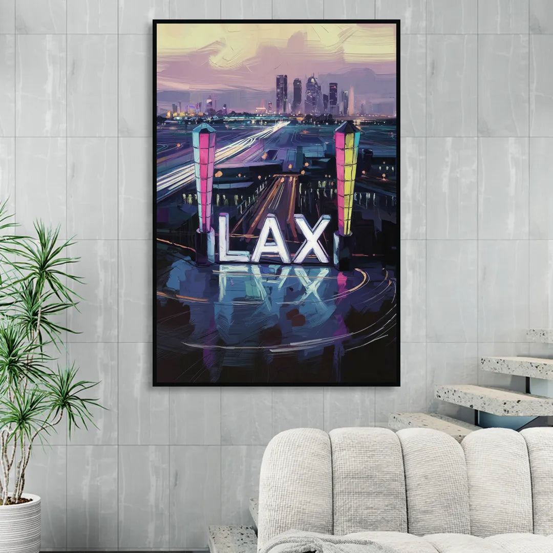 Los Angeles Airport Aerial View Living Room - Black Canvas Wall Art