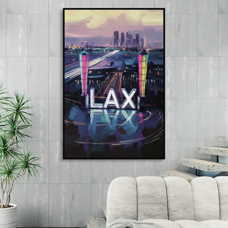 Los Angeles Airport Aerial View Living Room - Black Canvas Wall Art