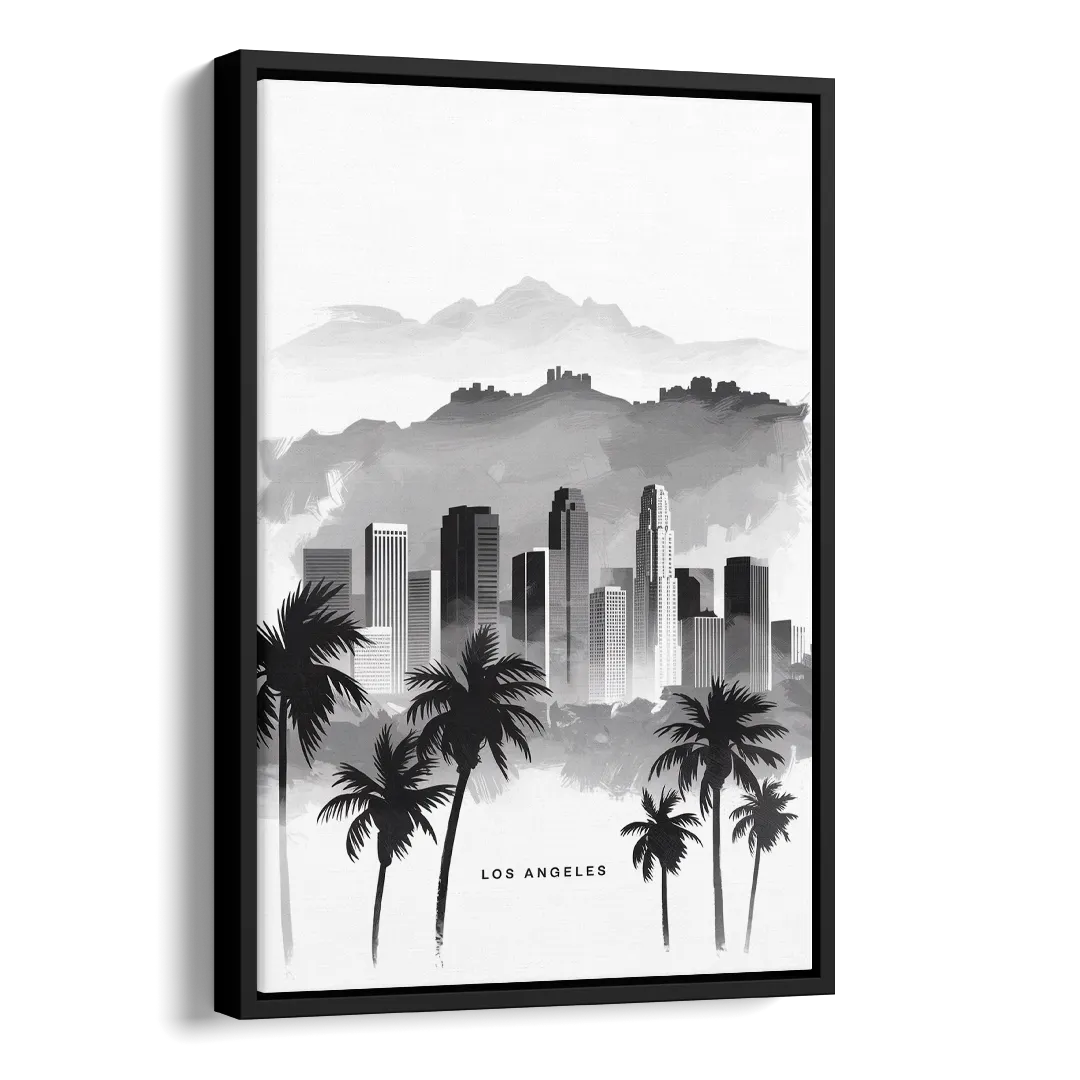 Los Angeles Black and White Cityscape Side - Black Canvas Wall Art