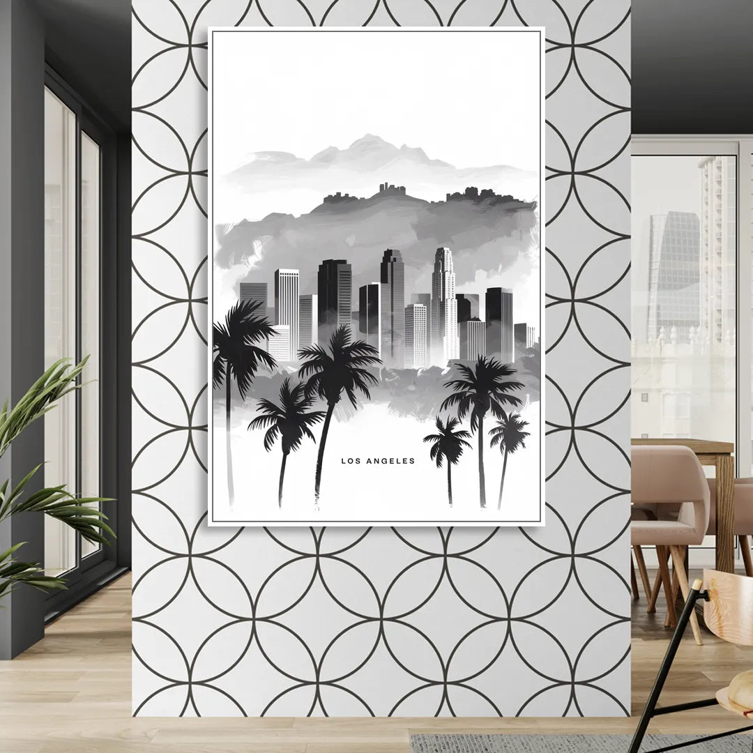 Los Angeles Black and White Cityscape Living Room - White Canvas Wall Art