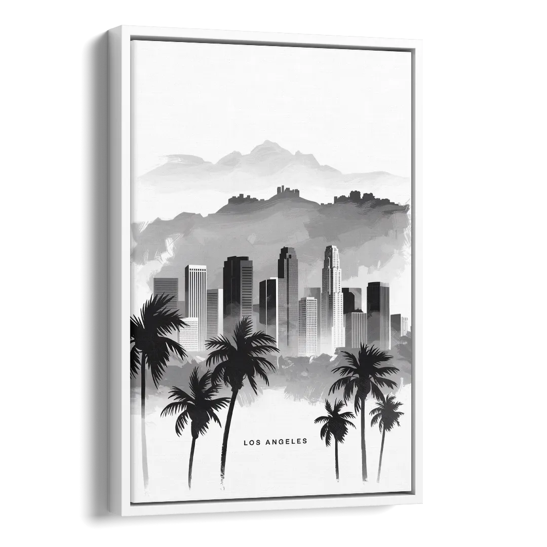 Los Angeles Black and White Cityscape Side - White Canvas Wall Art