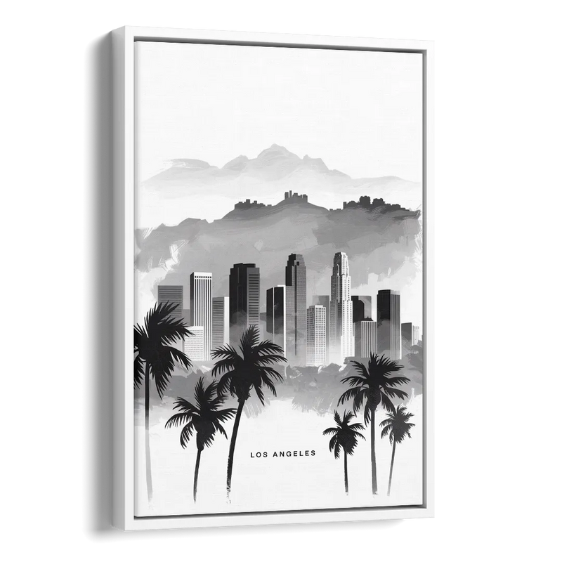 Los Angeles Black and White Cityscape Side - White Canvas Wall Art