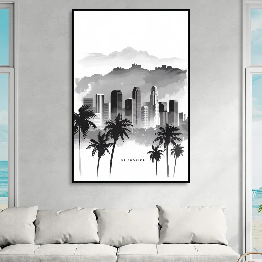Los Angeles Black and White Cityscape Living Room - Black Canvas Wall Art
