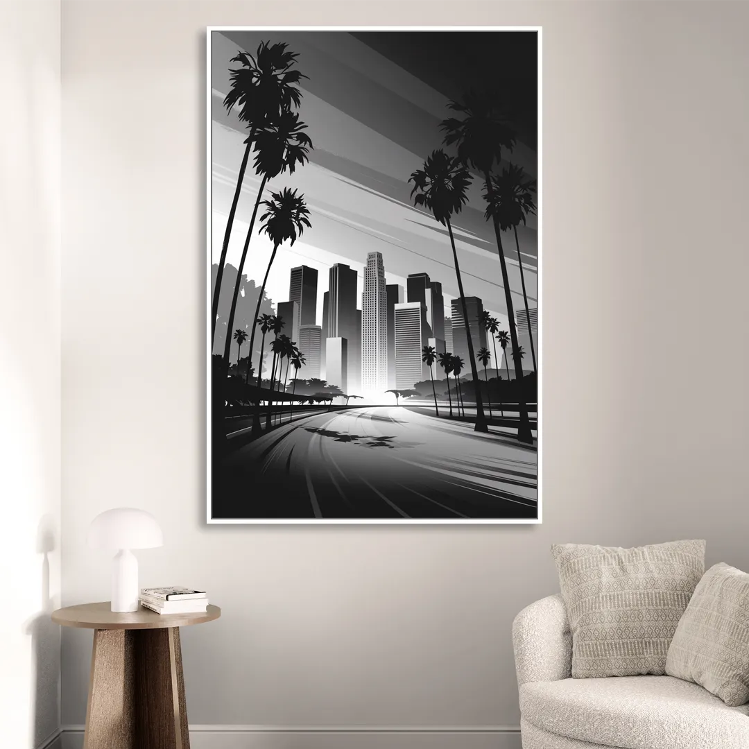 Los Angeles Black and White Cityscape Monochrome Living Room - White Canvas Wall Art