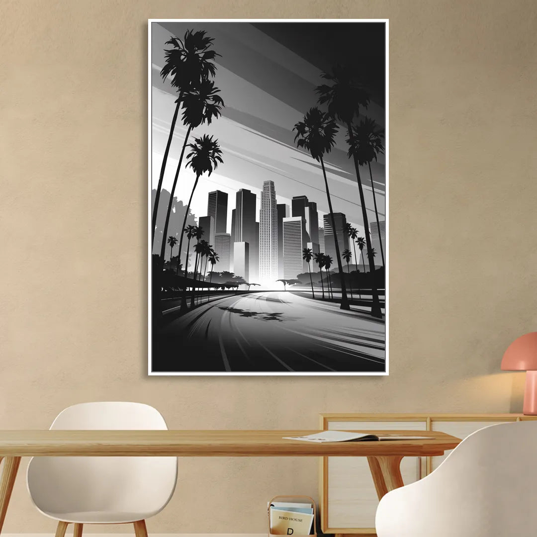 Los Angeles Black and White Cityscape Monochrome Sitting Room - White Canvas Wall Art