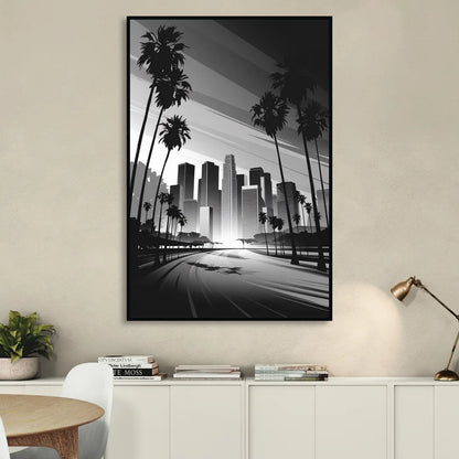Los Angeles Black and White Cityscape Monochrome Living Room - Black Canvas Wall Art