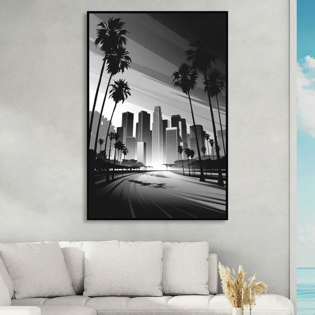 Los Angeles Black and White Cityscape Monochrome Sitting Room - Black Canvas Wall Art
