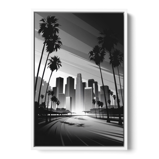 Los Angeles Black and White Cityscape Monochrome - White Framed Canvas Wall Art - Front