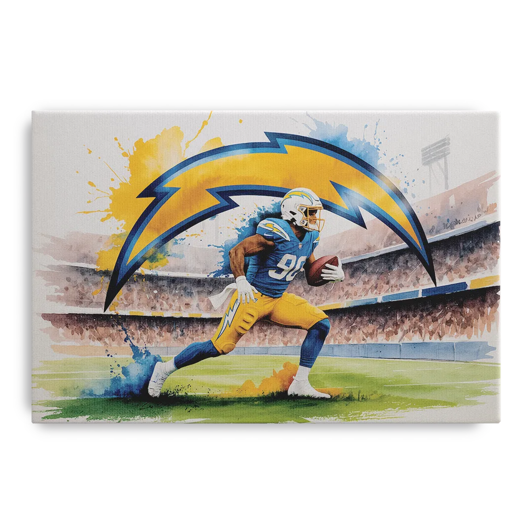 Los Angeles Chargers Watercolor Football Player in Motion Artwork - Canvas Wall Art