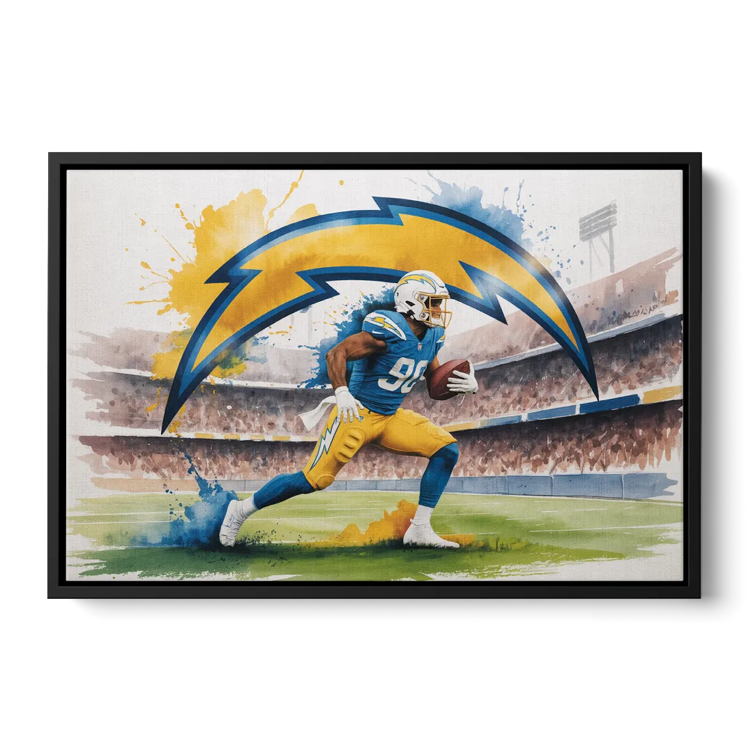 Los Angeles Chargers Watercolor Football Player in Motion Artwork Front - Black Canvas Wall Art
