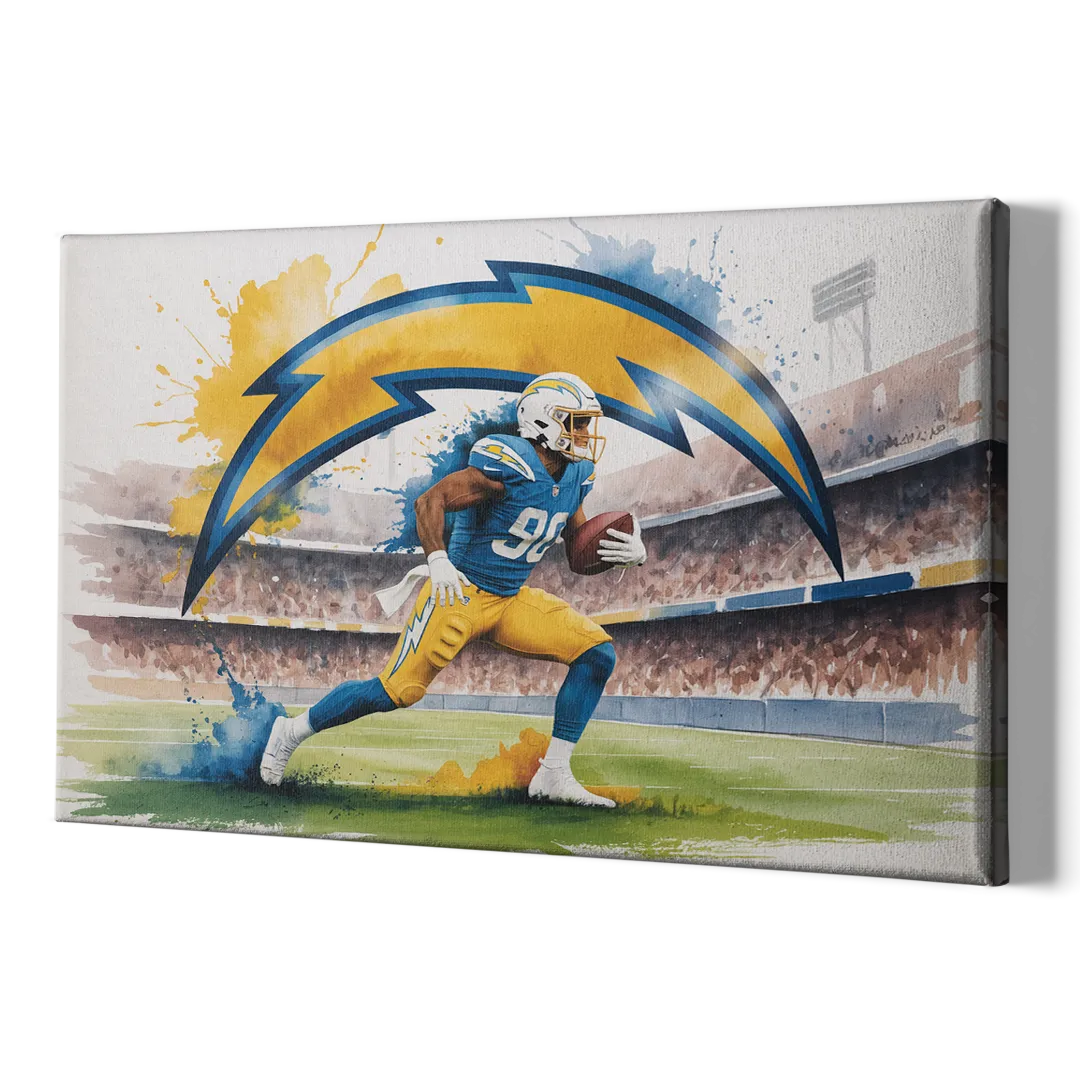 Los Angeles Chargers Watercolor Football Player in Motion Artwork - Canvas Print Art Sides