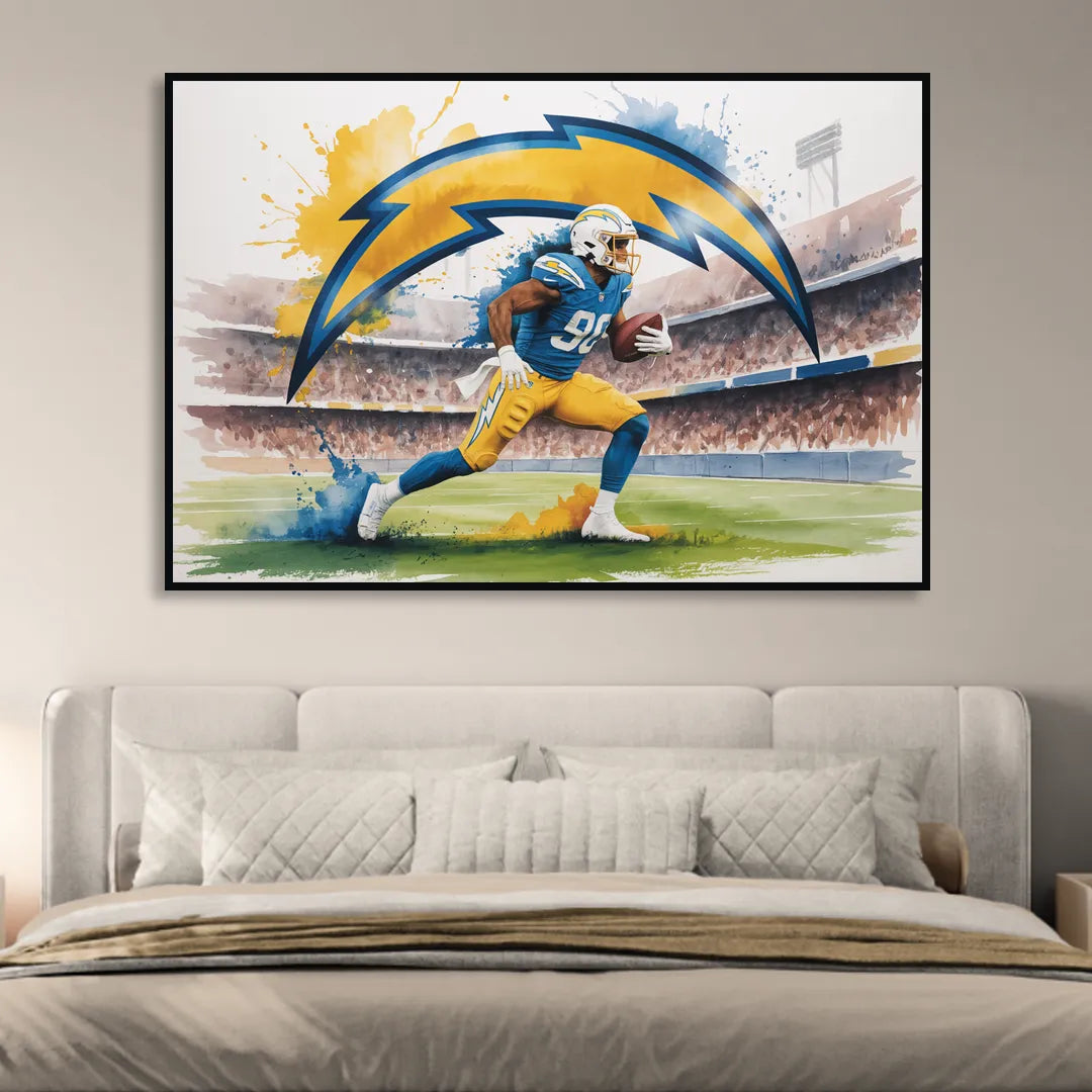 Los Angeles Chargers Watercolor Football Player in Motion Artwork Sitting Room - Black Canvas Wall Art
