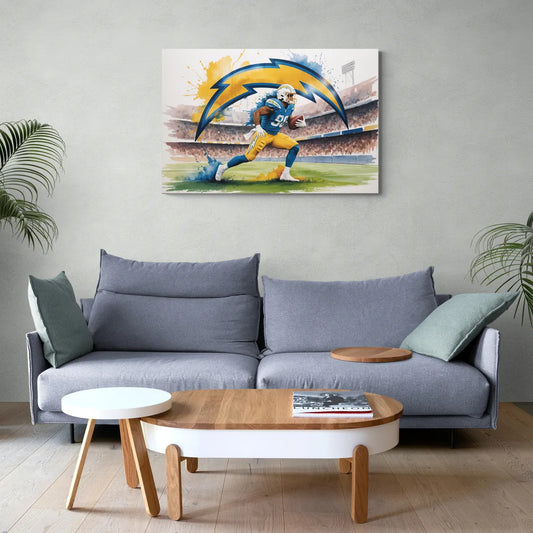 Los Angeles Chargers Watercolor Football Player in Motion Artwork - Canvas Wall Art Living Room