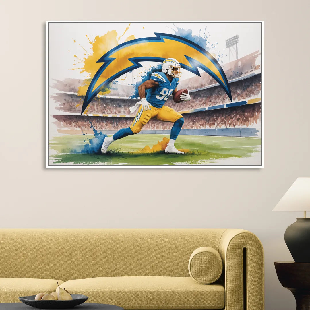 Los Angeles Chargers Watercolor Football Player in Motion Artwork Living Room - White Canvas Wall Art