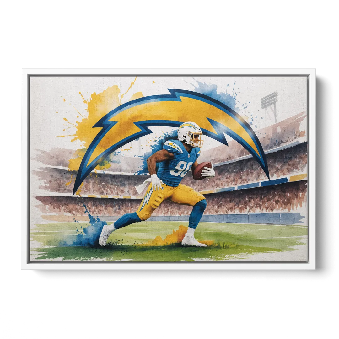 Los Angeles Chargers Watercolor Football Player in Motion Artwork - White Frame Canvas