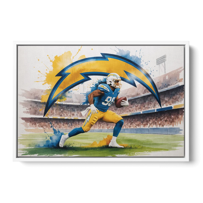 Los Angeles Chargers Watercolor Football Player in Motion Artwork - White Frame Canvas