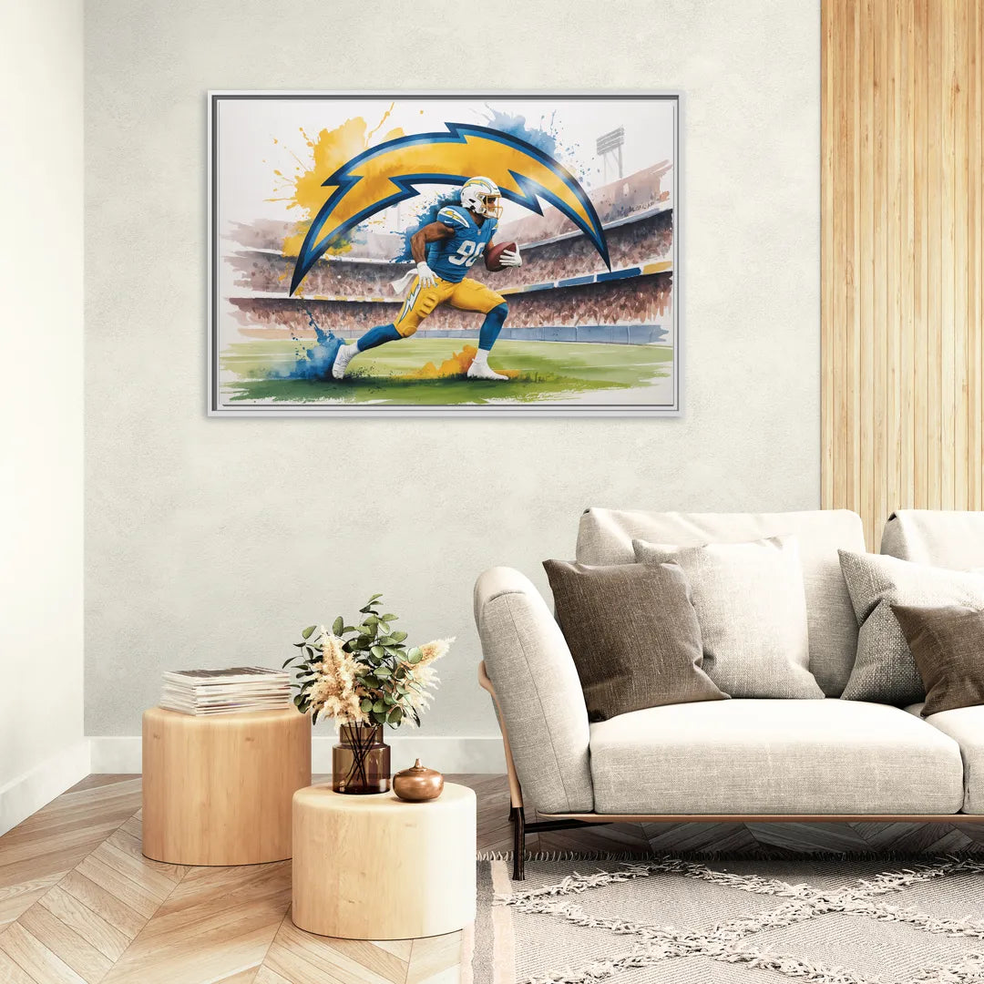 Los Angeles Chargers Watercolor Football Player in Motion Artwork - Living Room White Frame Canvas
