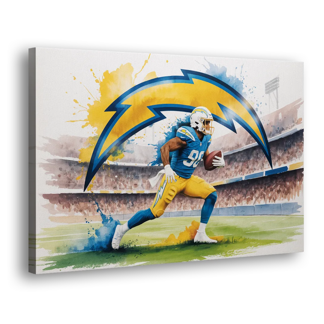 Los Angeles Chargers Watercolor Football Player in Motion Artwork Side - Canvas Wall Art
