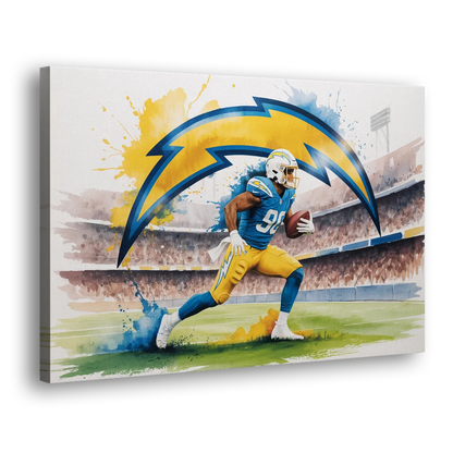 Los Angeles Chargers Watercolor Football Player in Motion Artwork Side - Canvas Wall Art
