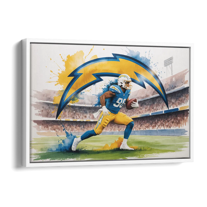Los Angeles Chargers Watercolor Football Player in Motion Artwork Side - White Canvas Wall Art