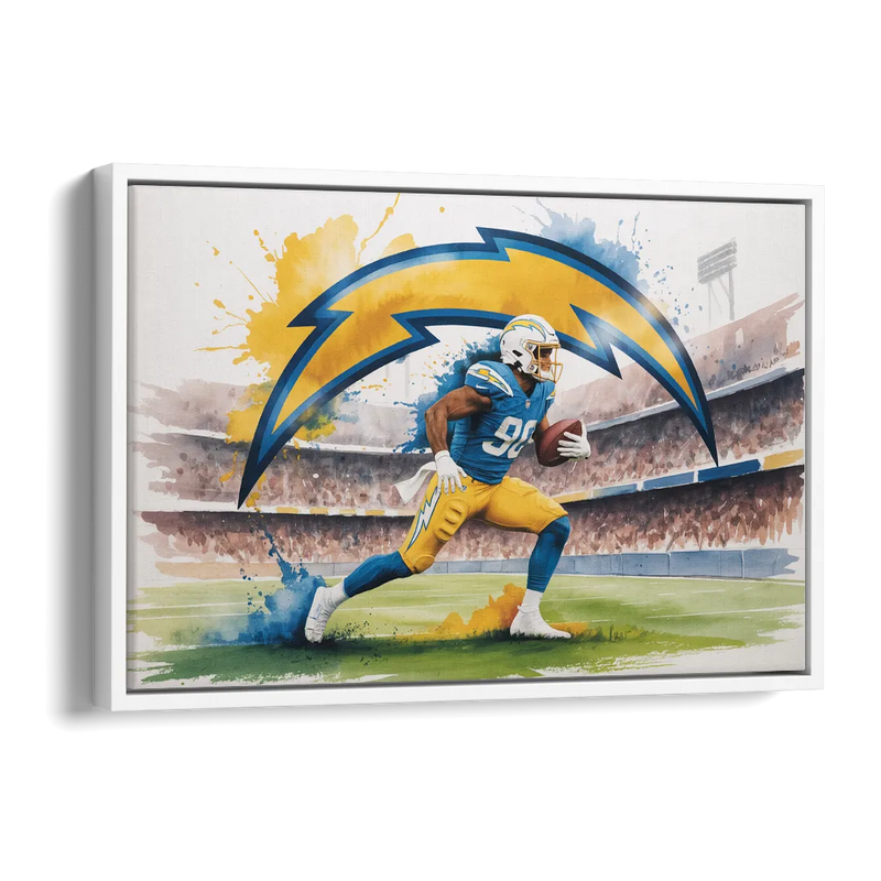 Los Angeles Chargers Watercolor Football Player in Motion Artwork Side - White Canvas Wall Art
