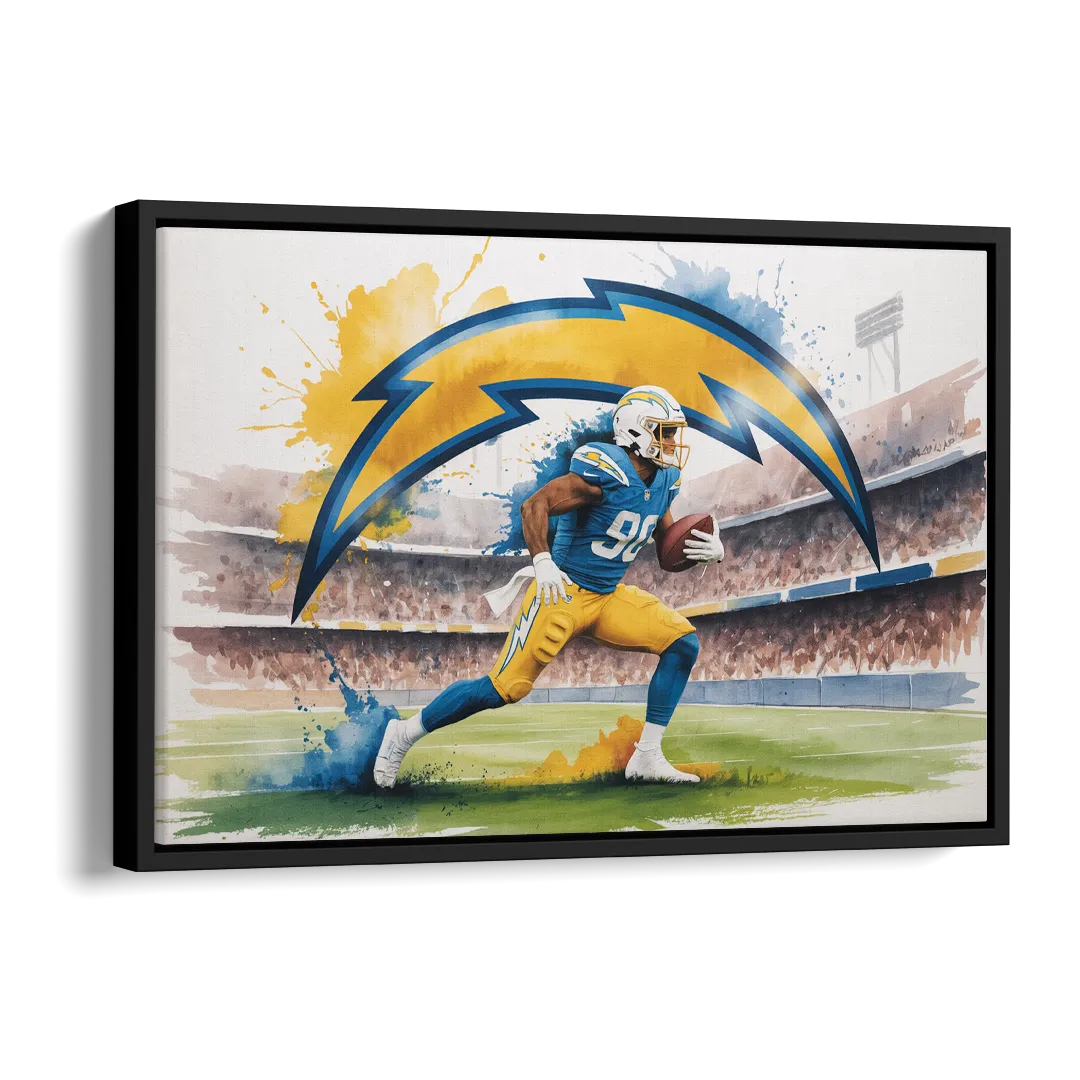 Los Angeles Chargers Watercolor Football Player in Motion Artwork Side - Black Canvas Wall Art