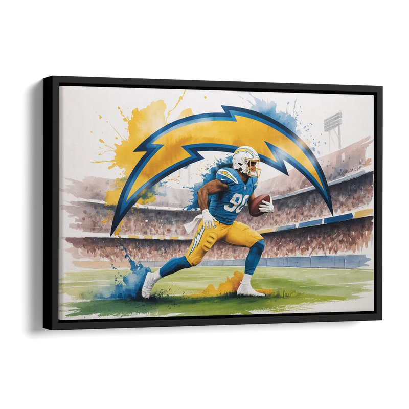 Los Angeles Chargers Watercolor Football Player in Motion Artwork Side - Black Canvas Wall Art