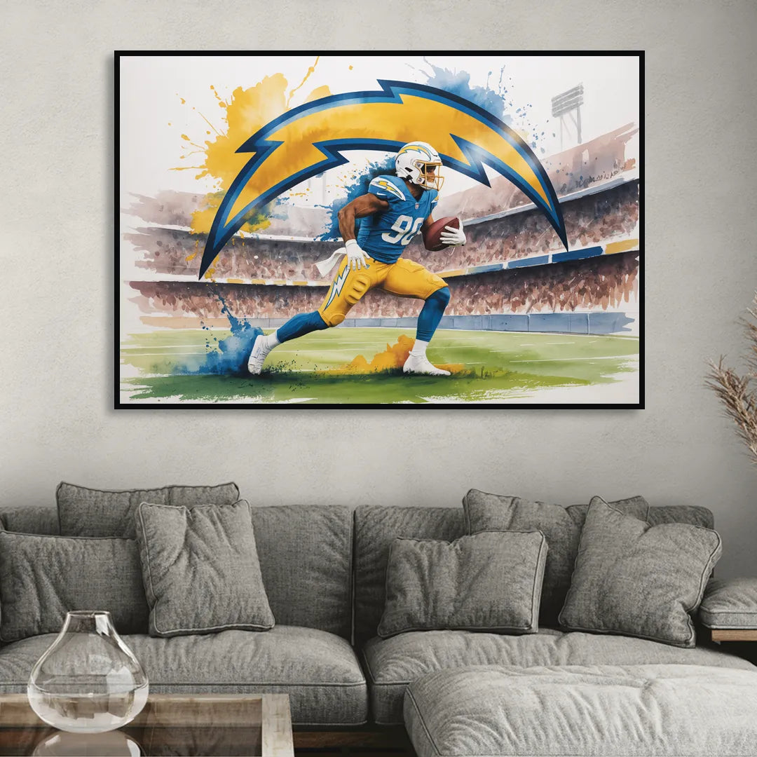 Los Angeles Chargers Watercolor Football Player in Motion Artwork Living Room - Black Canvas Wall Art