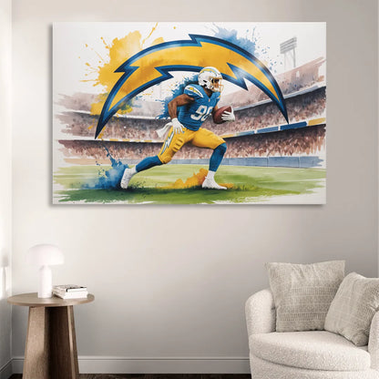 Los Angeles Chargers Watercolor Football Player in Motion Artwork Sitting Room - Canvas Wall Art
