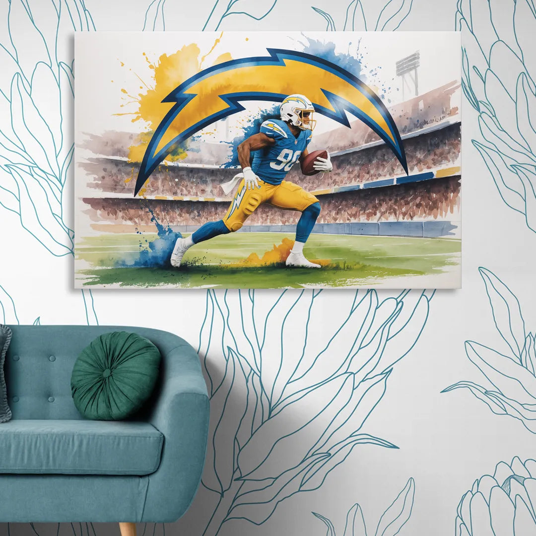 Los Angeles Chargers Watercolor Football Player in Motion Artwork Living Room - Canvas Wall Art