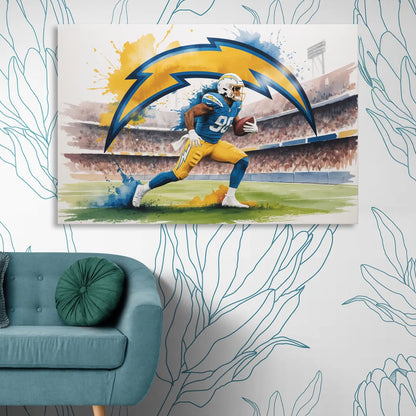 Los Angeles Chargers Watercolor Football Player in Motion Artwork Living Room - Canvas Wall Art