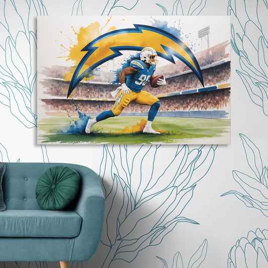 Los Angeles Chargers Watercolor Football Player in Motion Artwork Living Room - Canvas Wall Art