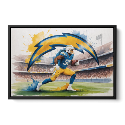 Los Angeles Chargers Watercolor Football Player in Motion Artwork - Black Frame Canvas