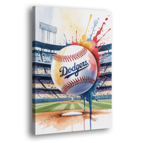 Los Angeles Dodgers Watercolor Baseball Action Art - Canvas Wall Art - Side