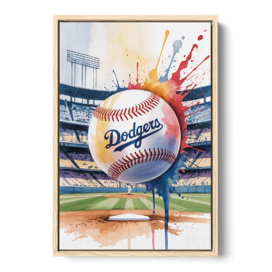 Los Angeles Dodgers Watercolor Baseball Action Art - Oak Framed Canvas Wall Art - Front