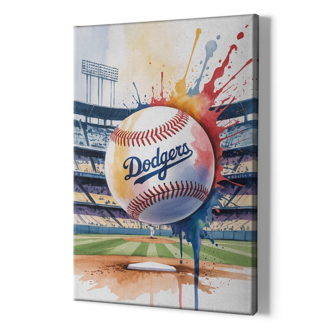 Los Angeles Dodgers Watercolor Baseball Action Art - Canvas Print Art Sides