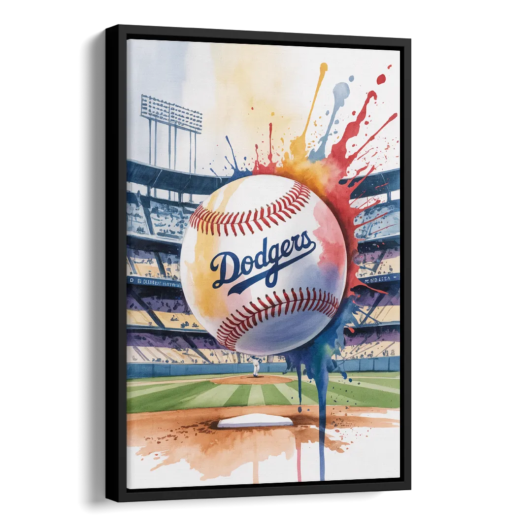 Los Angeles Dodgers Watercolor Baseball Action Art Side - Black Canvas Wall Art