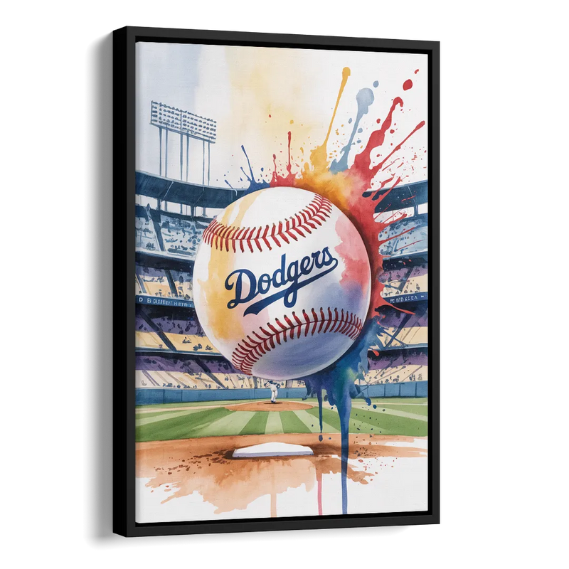 Los Angeles Dodgers Watercolor Baseball Action Art Side - Black Canvas Wall Art