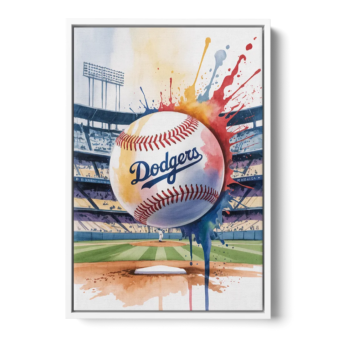 Los Angeles Dodgers Watercolor Baseball Action Art - White Frame Canvas