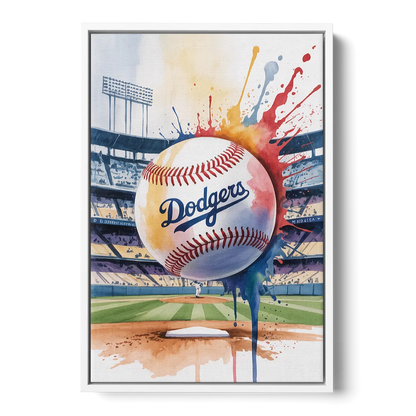 Los Angeles Dodgers Watercolor Baseball Action Art - White Frame Canvas