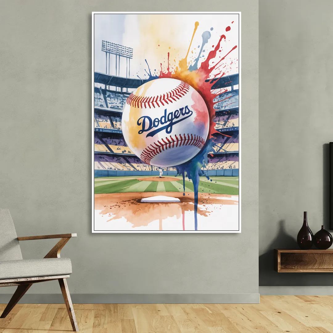 Los Angeles Dodgers Watercolor Baseball Action Art Sitting Room - White Canvas Wall Art