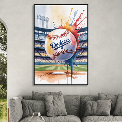 Los Angeles Dodgers Watercolor Baseball Action Art Living Room - Black Canvas Wall Art
