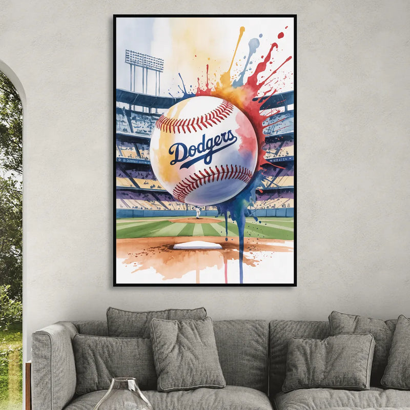 Los Angeles Dodgers Watercolor Baseball Action Art Living Room - Black Canvas Wall Art
