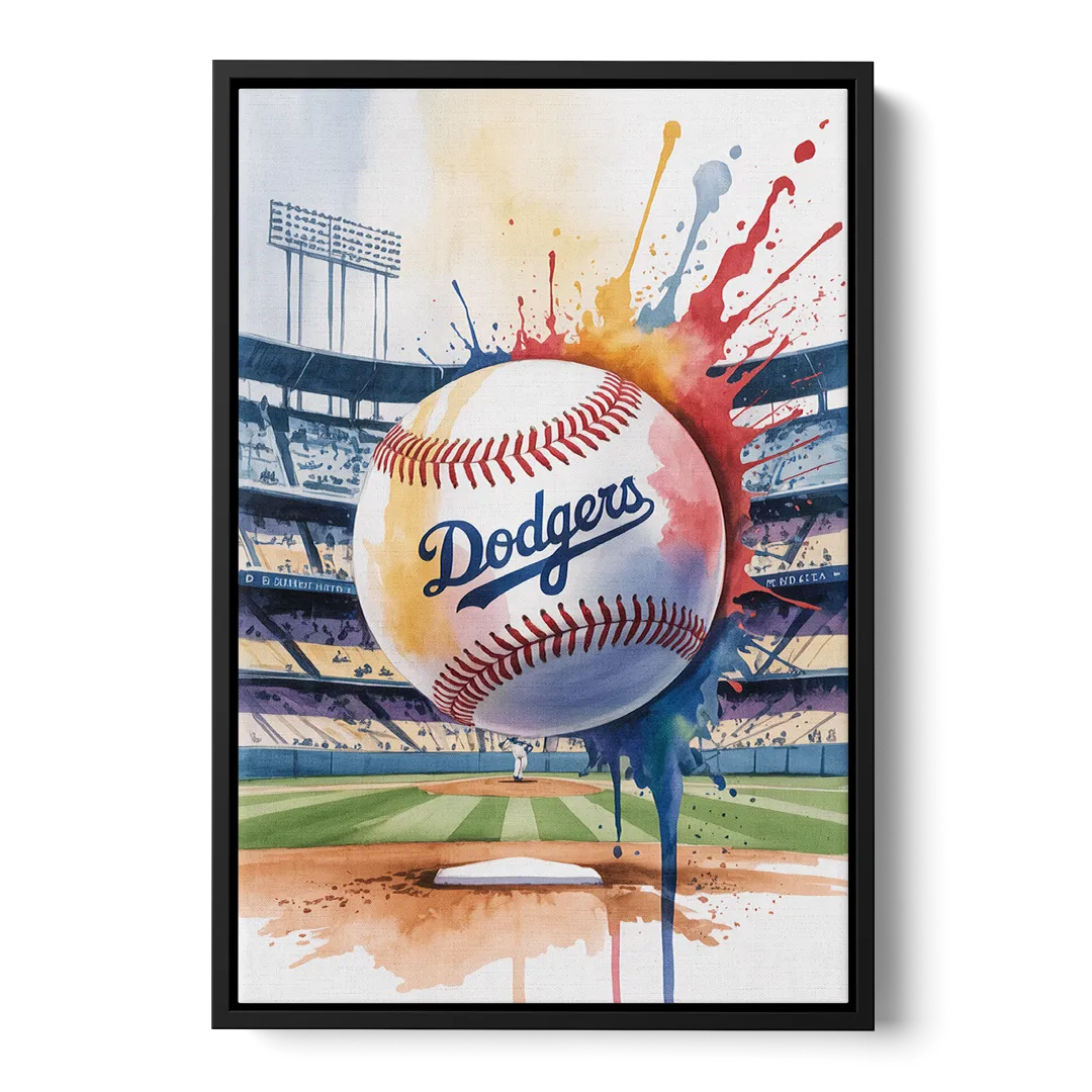 Los Angeles Dodgers Watercolor Baseball Action Art - Black Frame Canvas